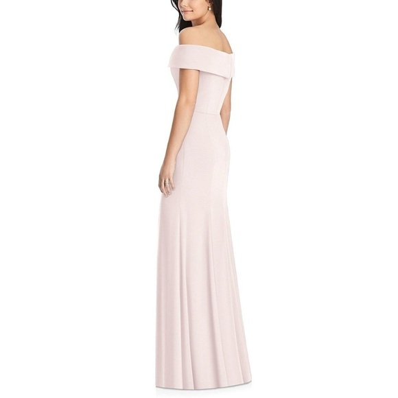 Dessy Collection Off Shoulder Crepe Bridesmaid Dress in size 0 color blush. - Picture 3 of 14